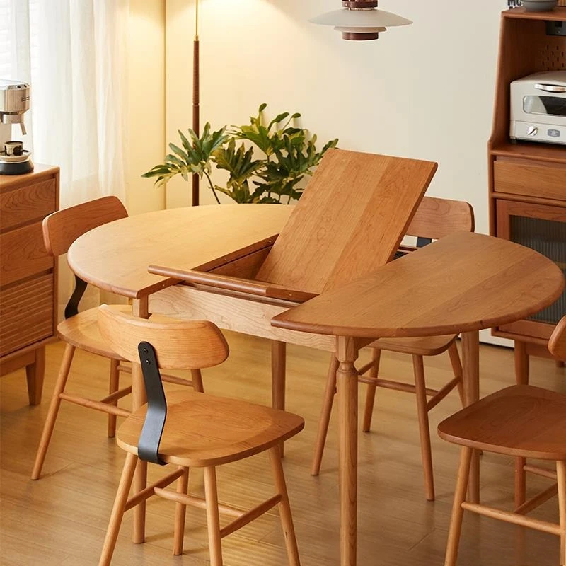 Nordic all solid wood retractable dining table small apartment household folding round table cherry wood restaurant pull table