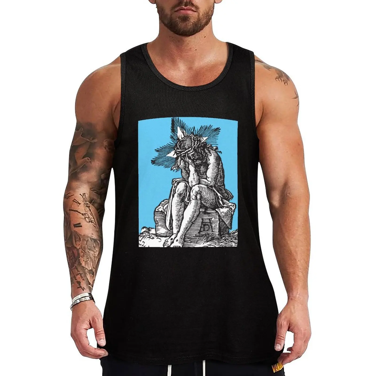 Jésus-Christ, l'Homme des souffrances, assis, petite gravure de la Passion d'Albrecht Dürer, 1511, rétro, bleu cyan vif, HD, haute qualité, débardeur