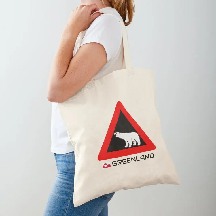 

Greenland Polar Bear Crossing Warning Sign Red White Greenland Flag Tote Bag cute tote custom the