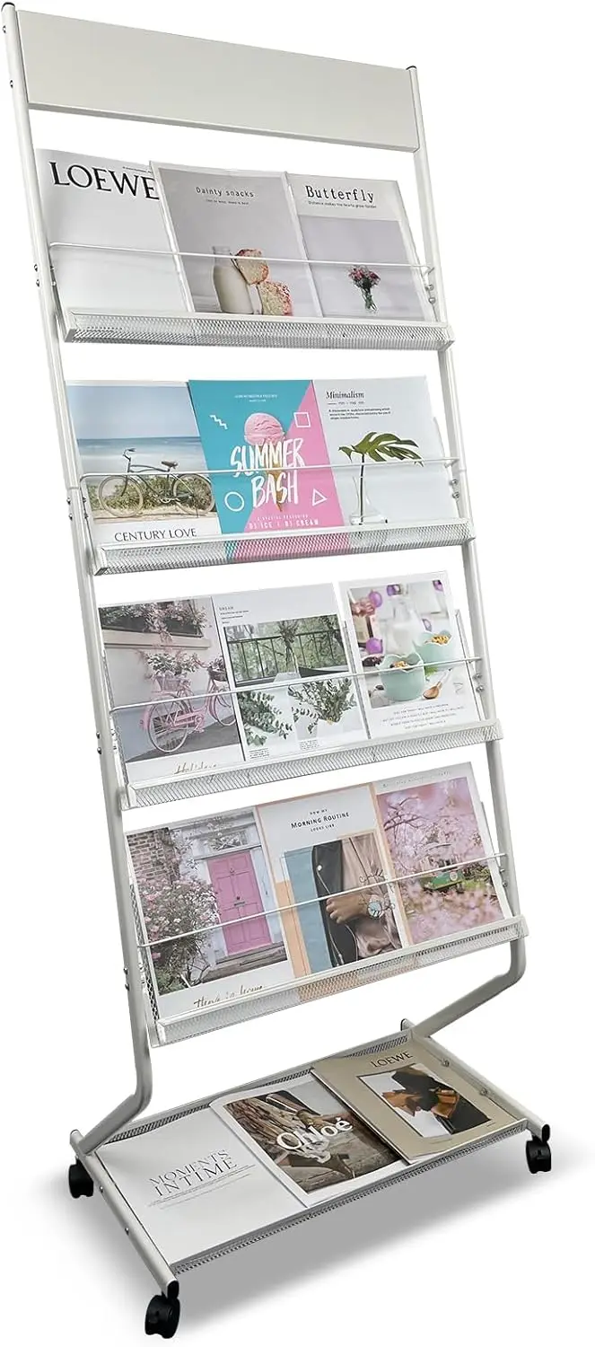 

Floor-Standing Magazine Rack 4-Layer with Wheels, Brochure Display Stand, High-hardness metal for Exhibitions, Office, a