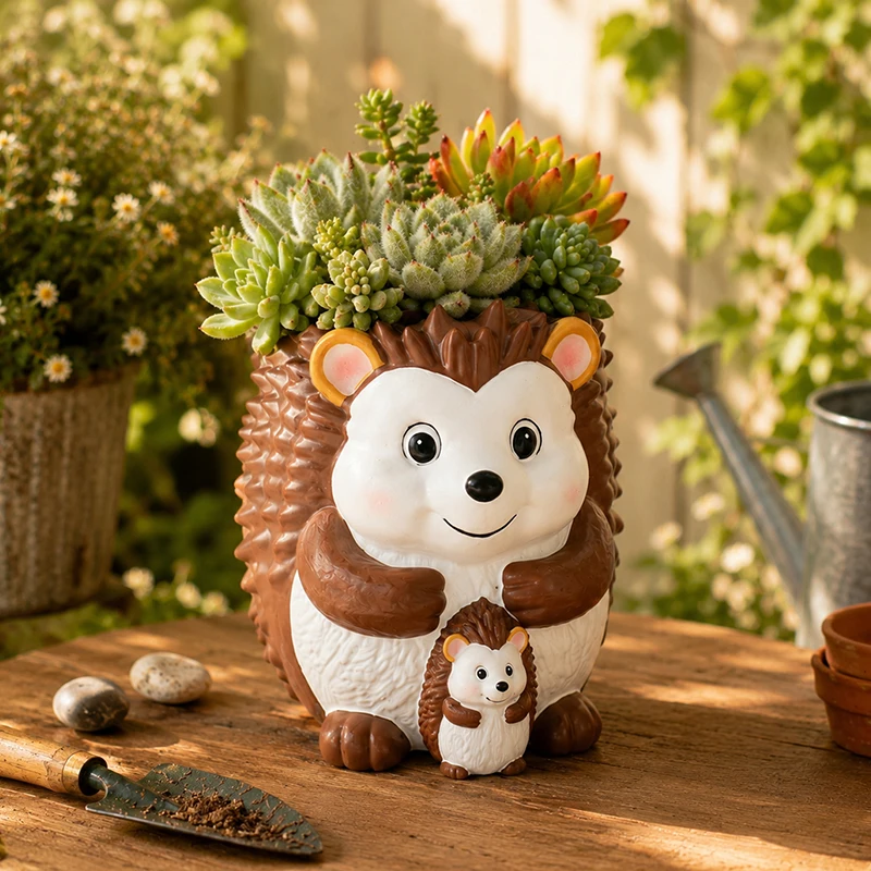 Resin Cartoon Animal Succulent Planter Hedgehog Owl Plant Pot Desktop Decor Ornament for Balcony Windowsill Gardening Layout