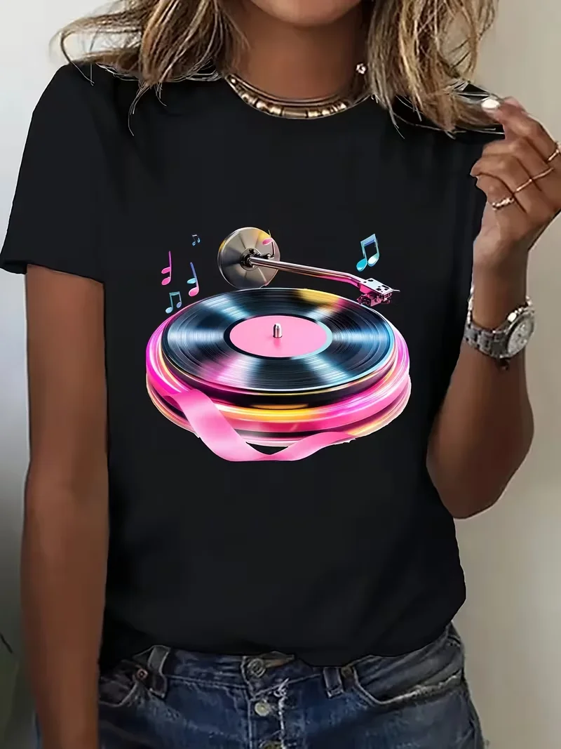 Vibrant Neon Retro Vinyl Record Player Print T-Shirt Oversized Casual All Match Short Sleeve Top for Men and Women Black