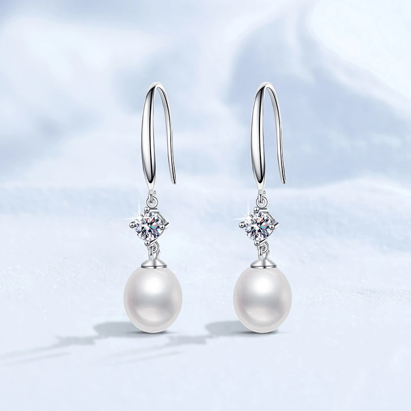 Tezzc Pearl Moissanite S925 Sterling Silver Long Earrings Women Wedding Engagement Fashion Jewelry Party Gift with Certificate