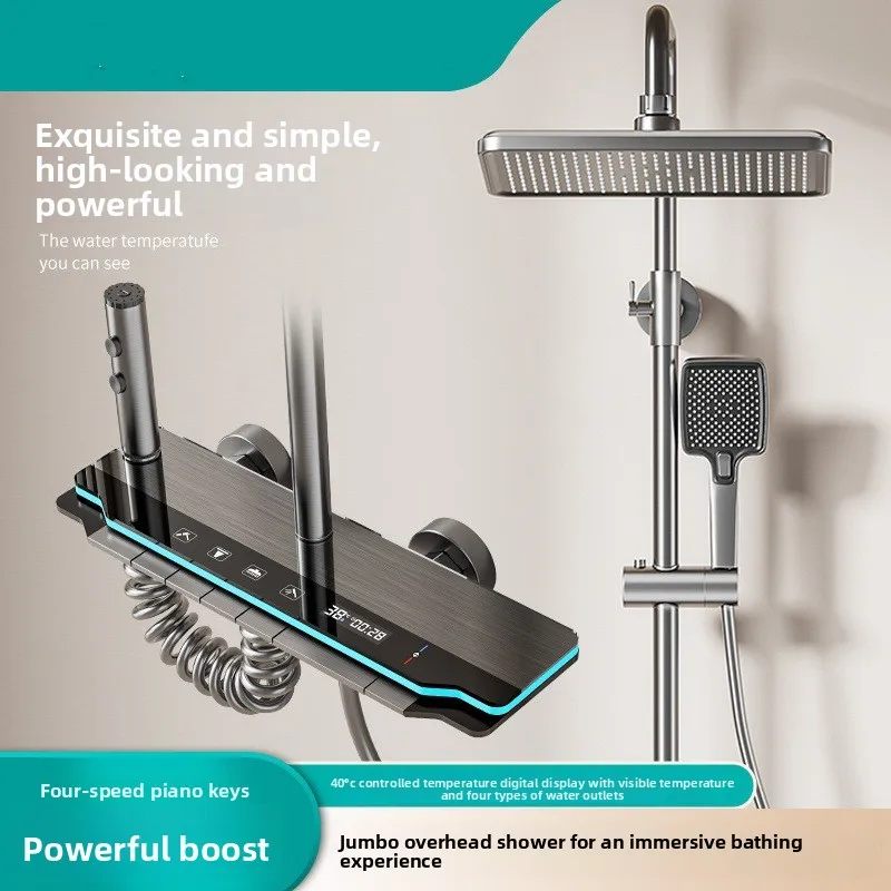 Shower Set  Copper Household Constant Temperature Digital Supercharged Nozzle Piano Button Gun Gray Bathroom Ambient