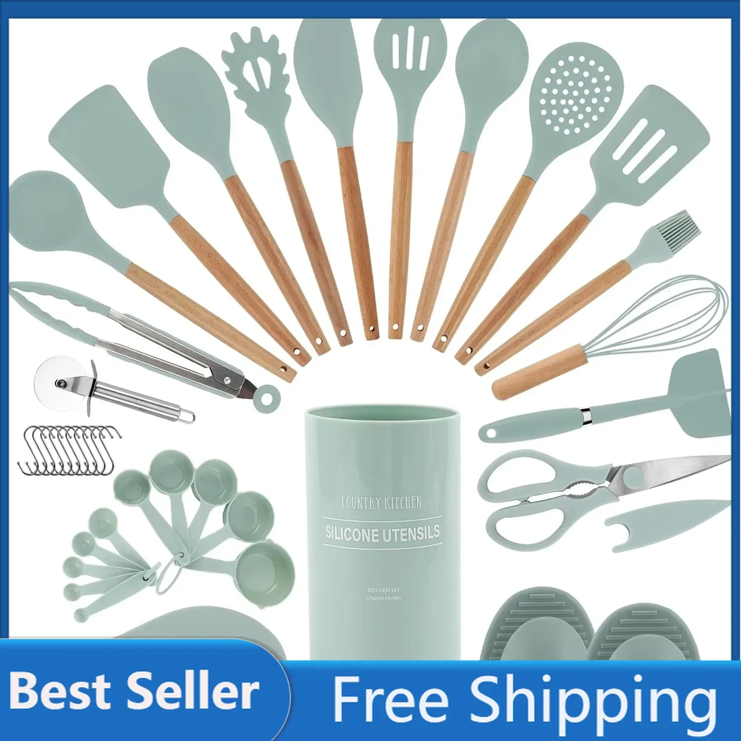 Country Kitchen Cooking Utensils Set - 38 pcs Non-stick Silicone Spatula Set, Wooden Handles and Heat Resistant Gadgets Utensil