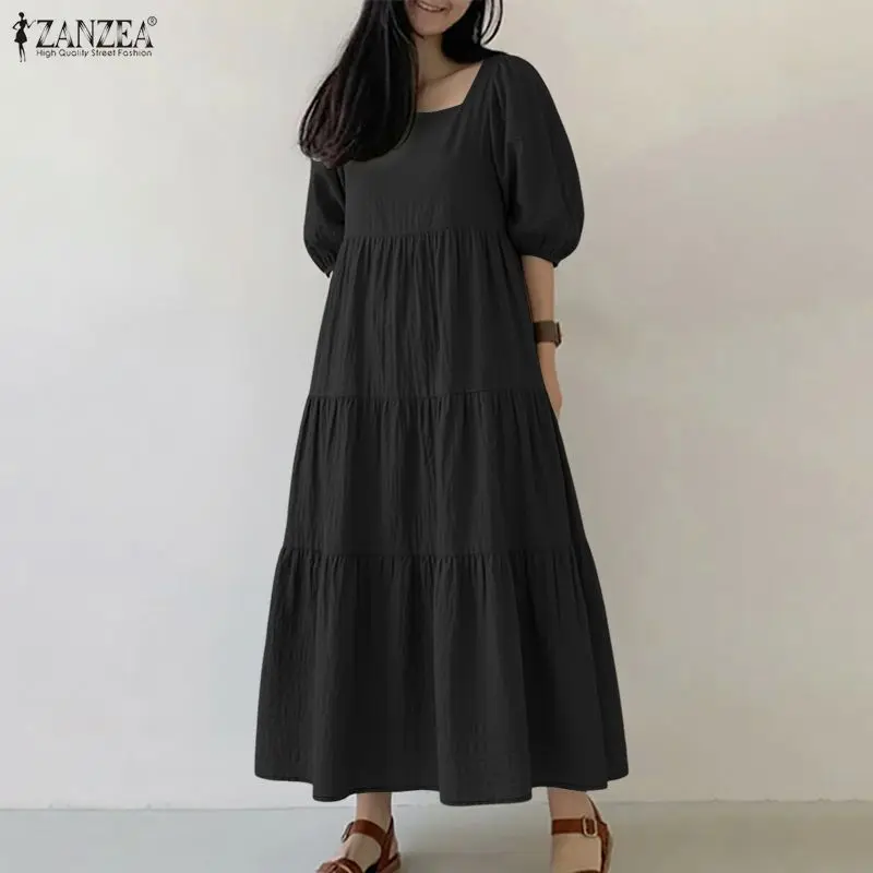 

Летнее платье ZANZEA 2026: Стильное повседневное праздничное платье-сарафан с рюшами, миди, элегантное, с квадратным вырезом и пышными рукавами