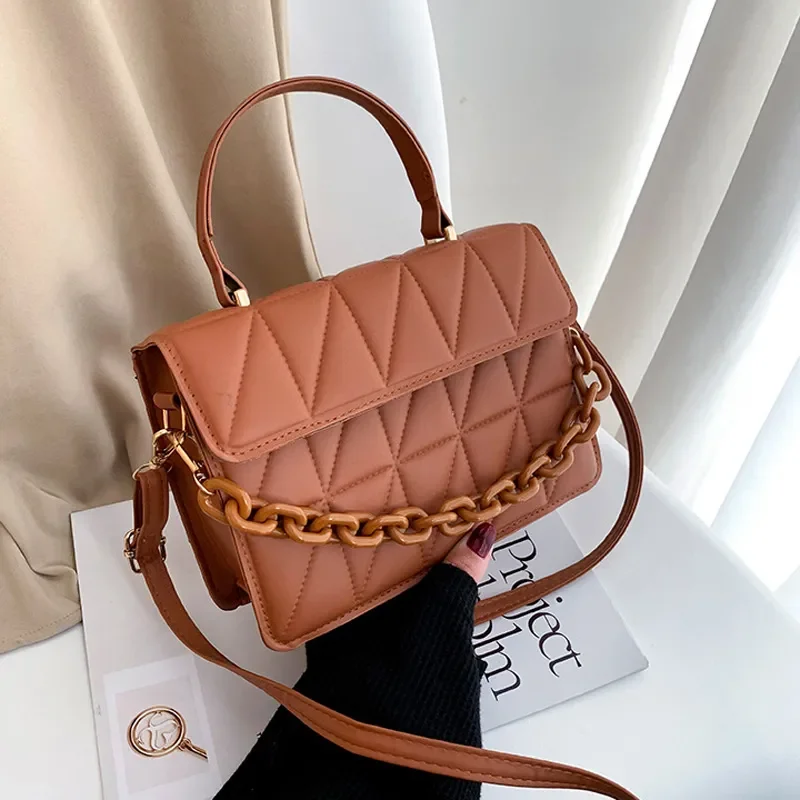 

Solid Plaid Crossbody Bags For Women, Chain Decor Fashion Shoulder Bag Ladies Handbag For Daily Used