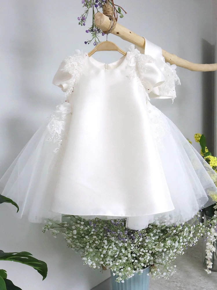 White Flower Girl Dress for Wedding O-neck With Bow Floor Length Short Sleeve Kid First Communion Pageant Birthday Ball Gown