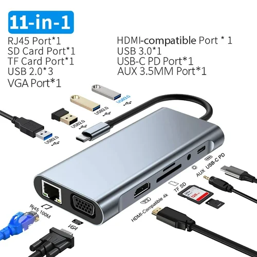 Imagen 2 del producto Adaptador multipuerto de concentrador USB C 11 en 1, estación de acoplamiento USB C con 4K compatible con HDMI, VGA 1080P, 100W PD, Ethernet, SD/TF, Audio, USB-A
