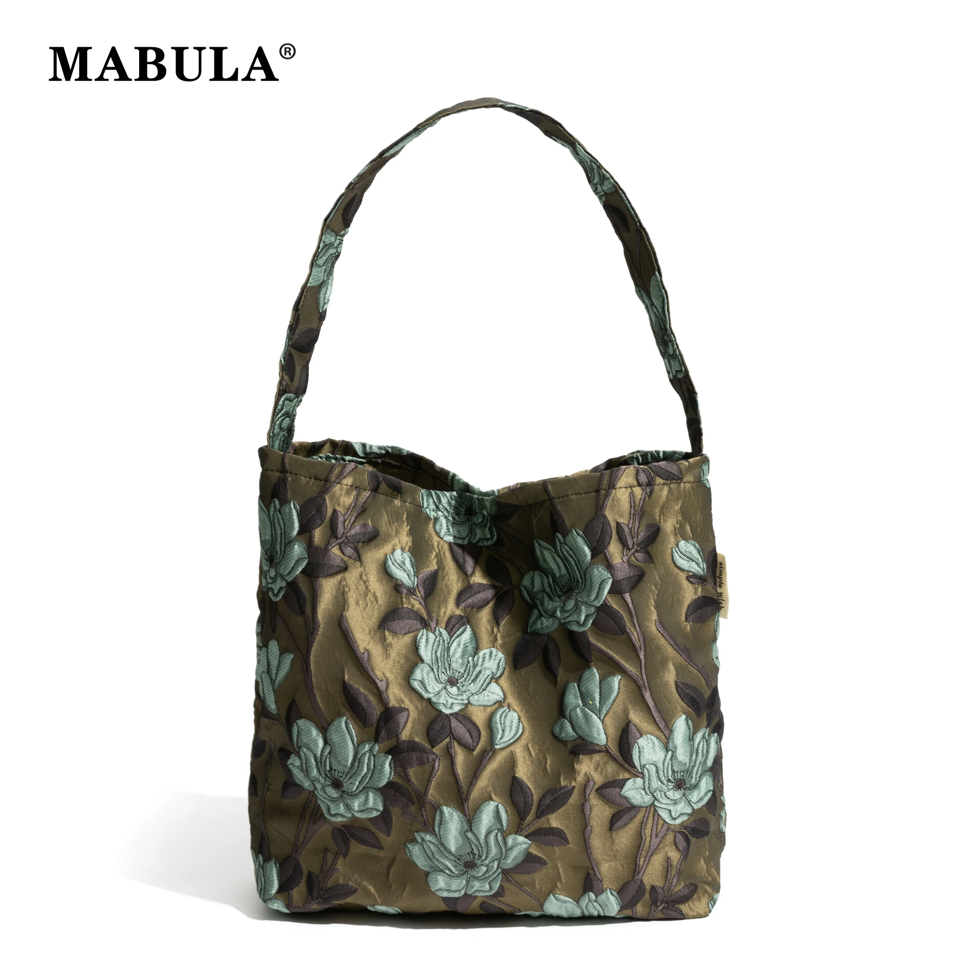 MABULA Jacquard Trend Bucket Handbag for Women Embroidery Aesthetic Flower Shopper Purse Brand Elegant Stylish Girls Daily Bag