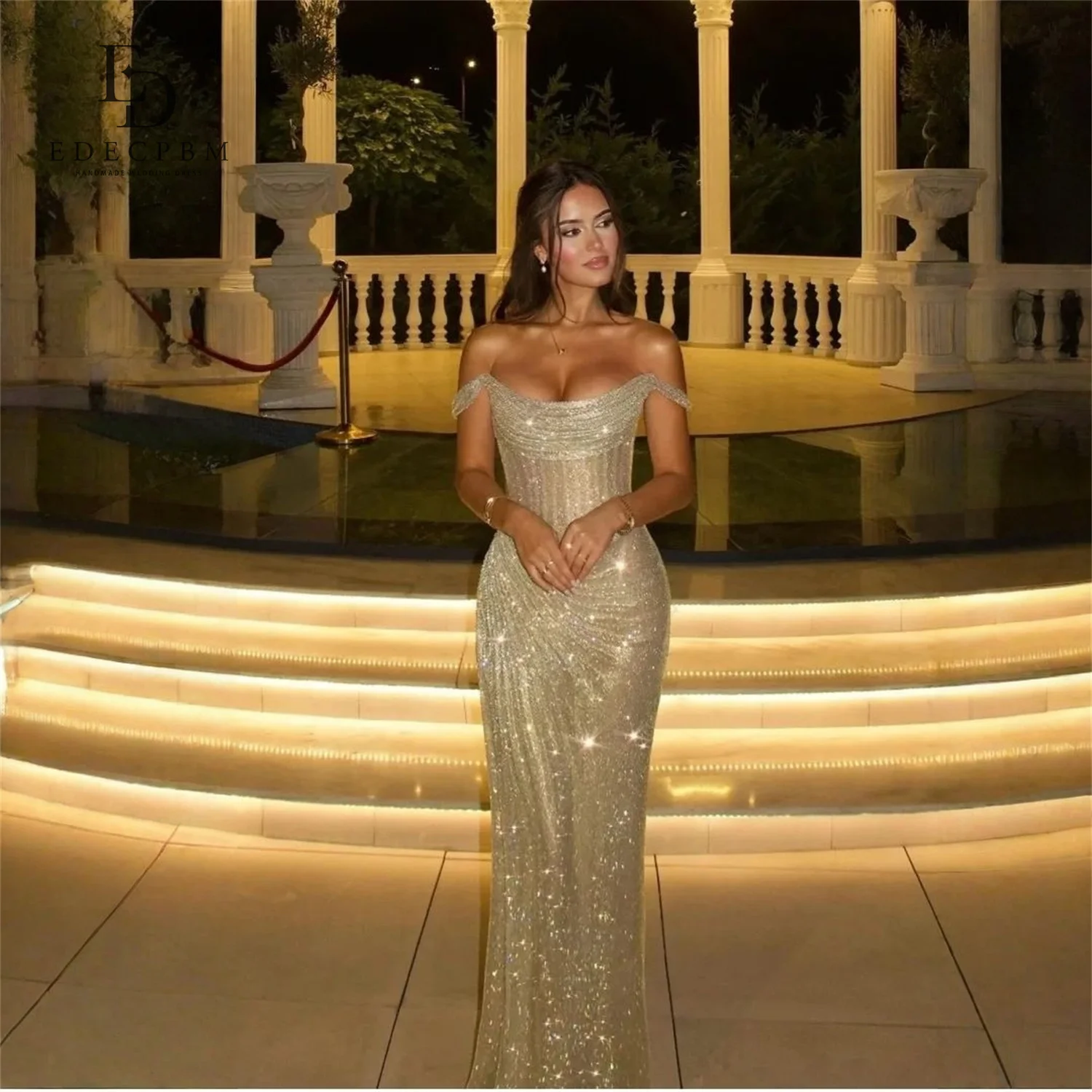 EDECPBM Sequin Off The Shoulder Gold Mermaid Evening Dress 2026 Prom Dress Sleeveless Formal Evening Elegant Gown Customized