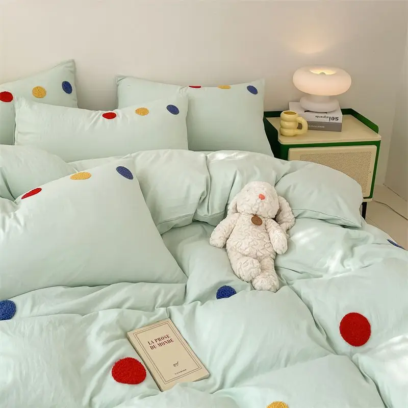 Korean INS Cream Style Bedding Set Solid Color Soft Bed Flat Sheet Pillowcase Adult Single Twin Full Queen Size Dots Duvet Cover