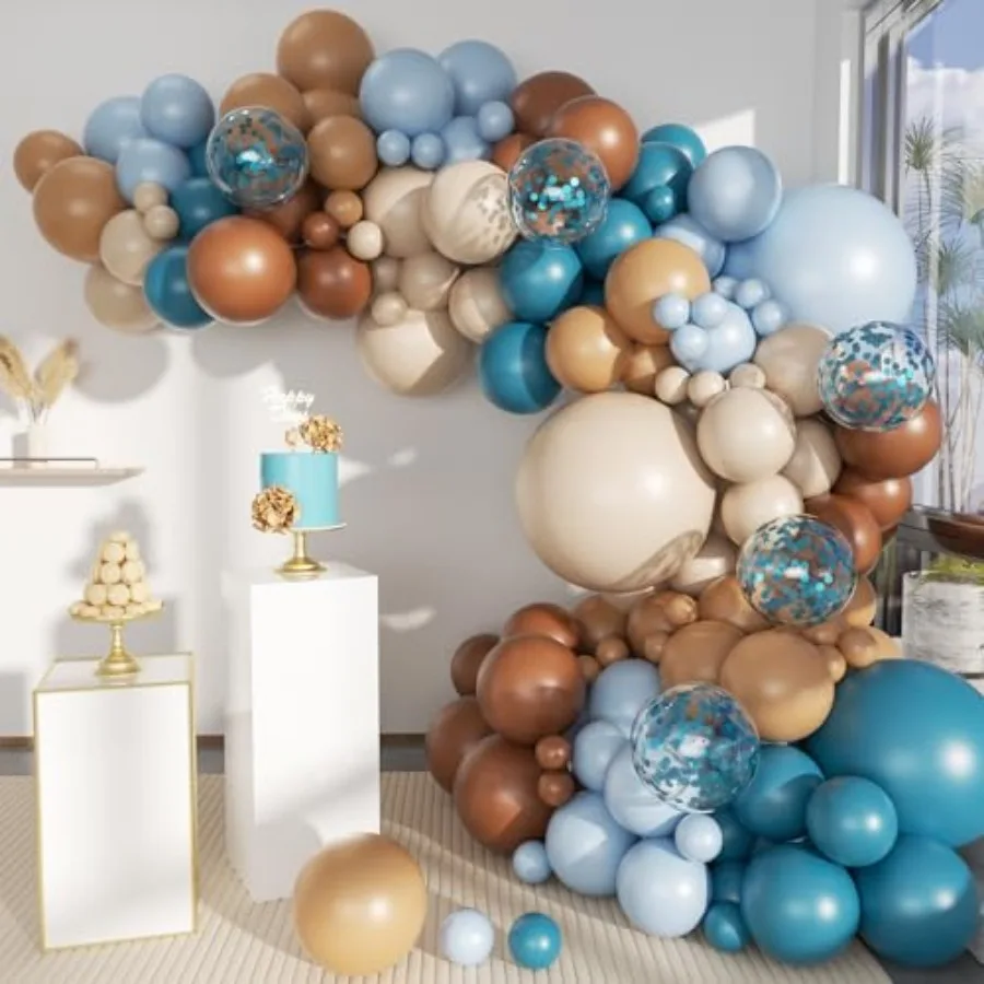 

Boho Brown and Blue Balloon Garland Arch Kit, 156Pcs Light Ocean Blue Caramel Brown White Sand Nude Balloons for Birthday Gende