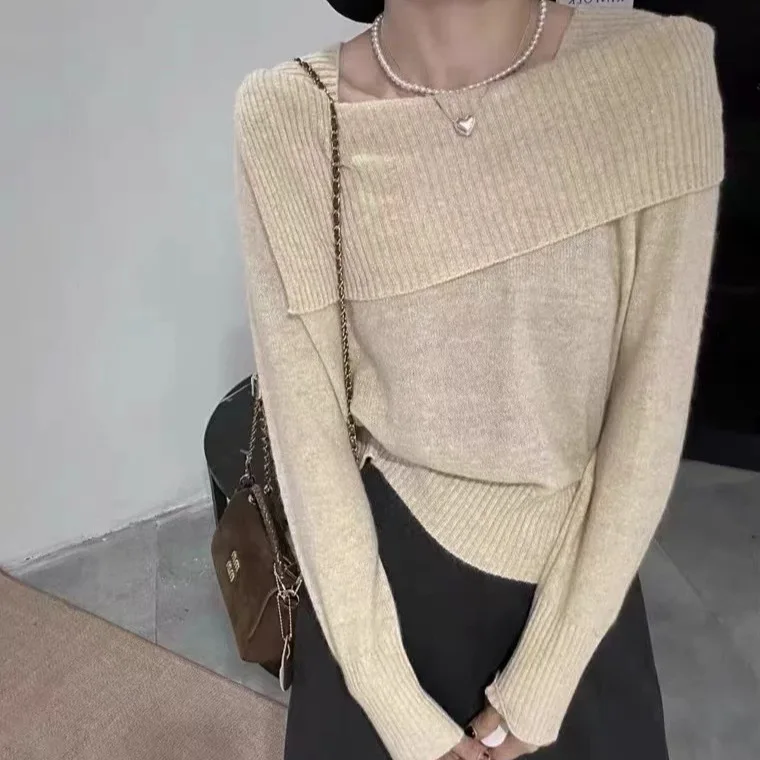 Otoño Invierno nueva moda mujer Color sólido Simple básico elegante Casual moda Slash cuello manga larga suéter de punto jersey