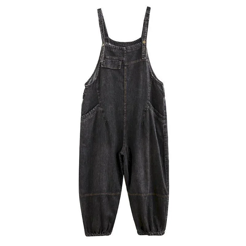 Celana Kodok Denim untuk Wanita Celana Panjang Pergelangan Kaki Solid Pakaian Satu Potong Baju Monyet Wanita Longgar Fashion Korea Kasual Vintage Overall