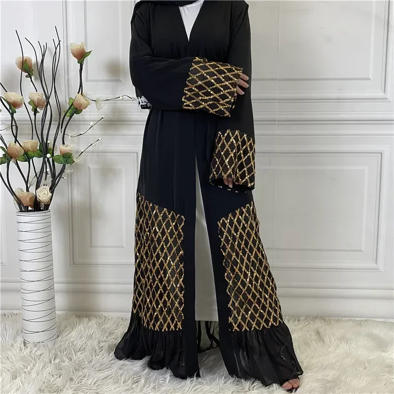 ชีฟองเปิด Abaya เย็บปักถักร้อยชุดผู้หญิงดูไบตุรกี Kaftan มุสลิมเสื้อสเวตเตอร์ถัก Abayas Casual Robe Kimono Femme Caftan