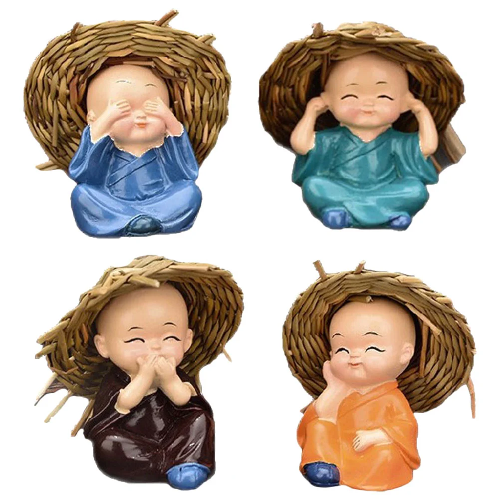 4 Pcs Household Dashboard Little Monk Ornaments Baby Statues Resin Crafts Small Adornments