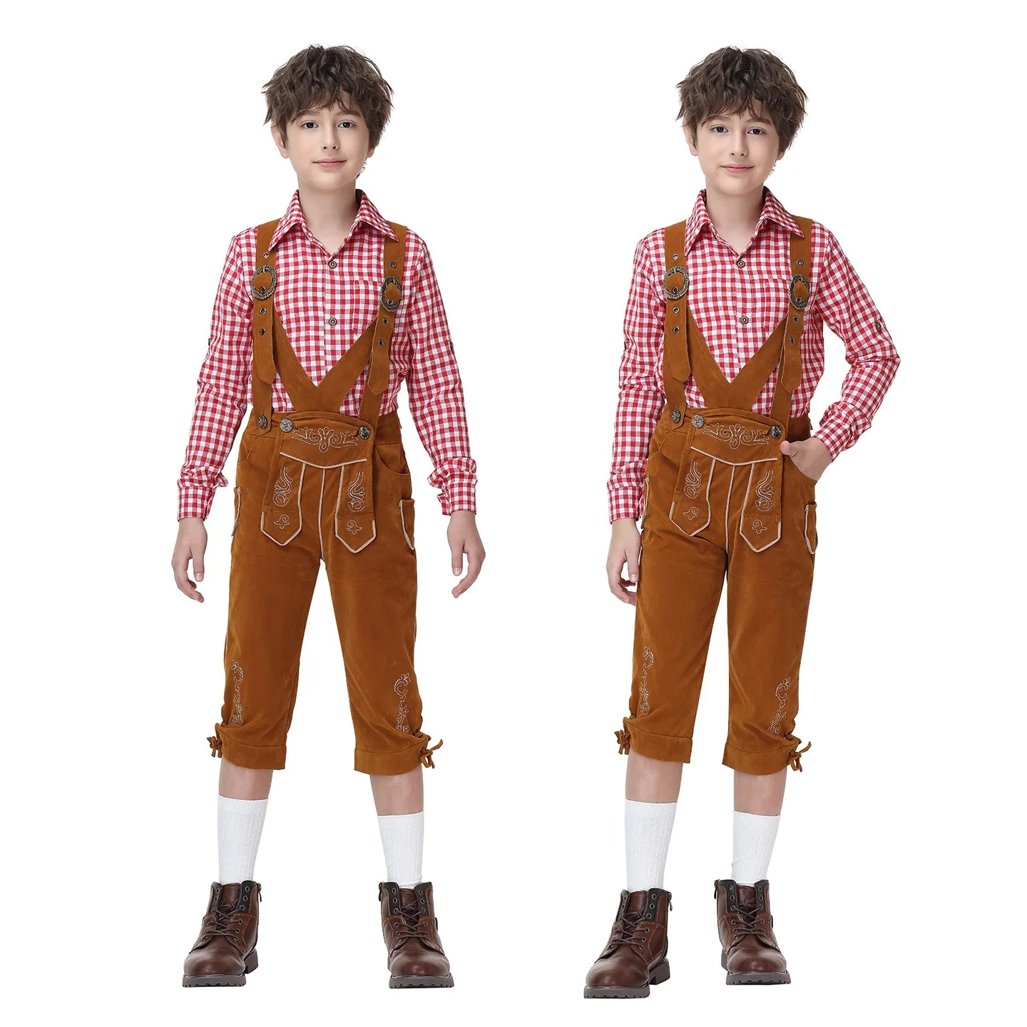 Family Oktoberfest Lederhosen Costume Matching Parent Child Outfit Red Plaid Shirt Brown Suspender Shorts Bavarian Dress PS66
