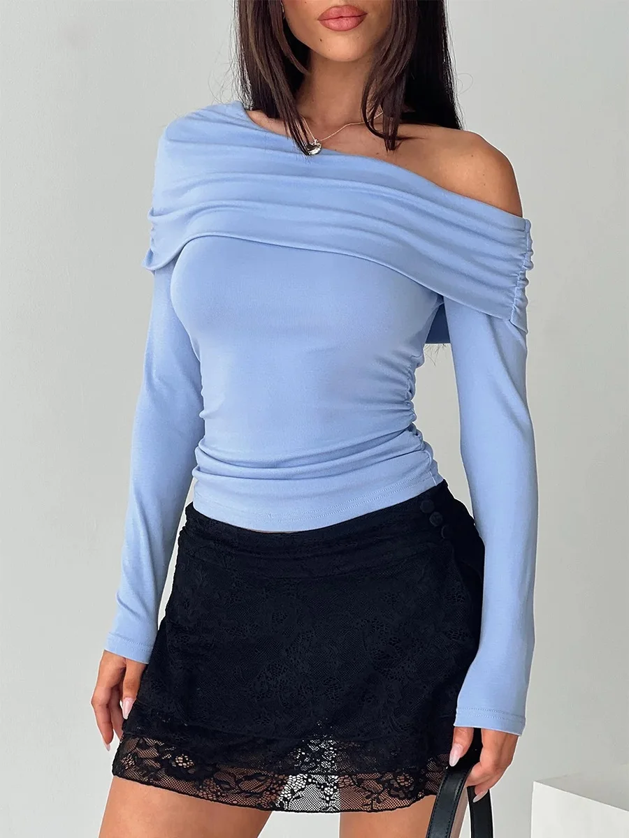 여성용 오프숄더 상의, 비대칭 단색 구김 긴팔 셔츠, 스트리트웨어 가을 블라우스, 트렌디