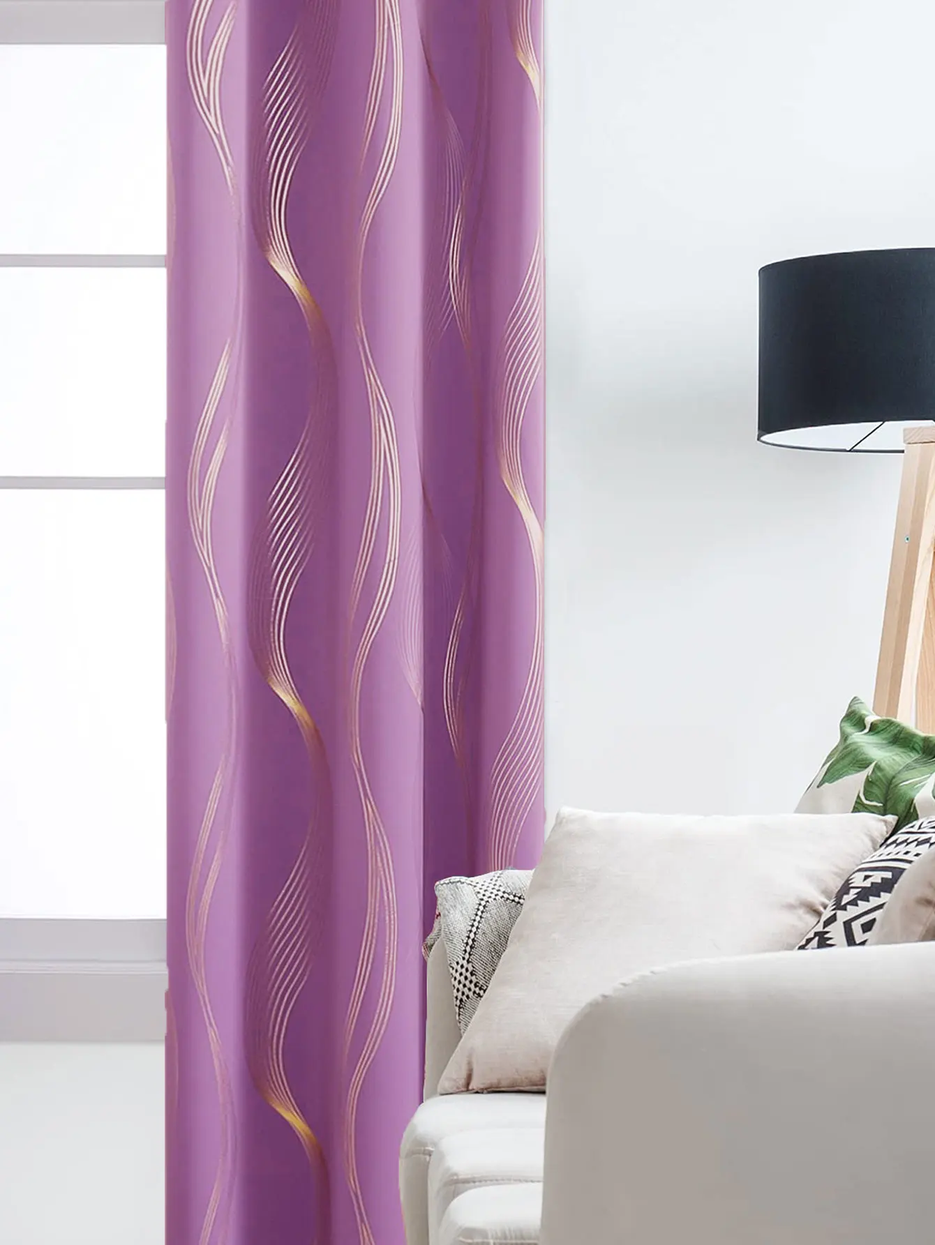 Gold Wave Print Purple Blackout Curtains - Thermal Insulated & Noise‑Reducing Grommet Drapes for Bedroom & Living Room