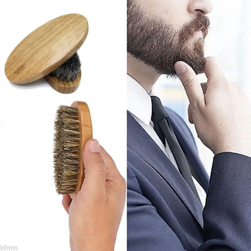 Men Natural Boar Bristle Beard Brush Face Massage Hair Brush Round Wood Handle Mustache Comb Cleaning Appliance Shave Tools