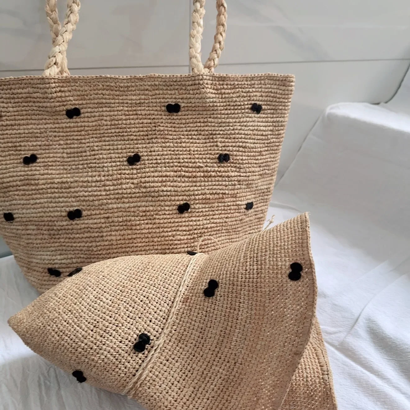 Picture 6: Raffia Straw Bow Decor Sun Hat Tote Bag Set Natural Handmade Beach Accessories Foldable Wide Brim Hat  Large Capacity Bag |