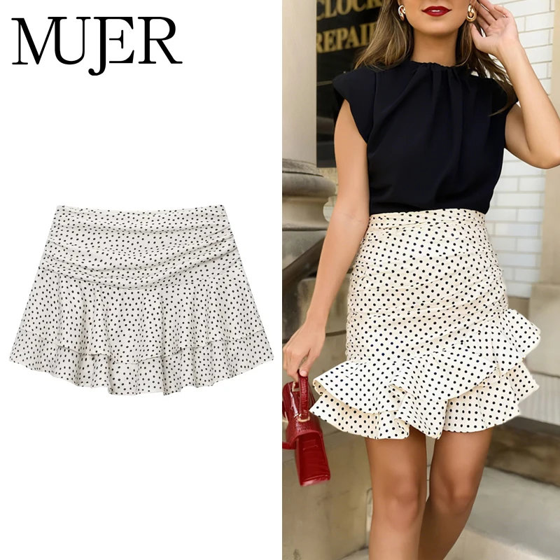 

MUJER мини-юбка в горошек с рюшами, женские летние многослойные юбки для женщин, сказочная юбка со средней талией, уличная праздничная короткая женская юбка