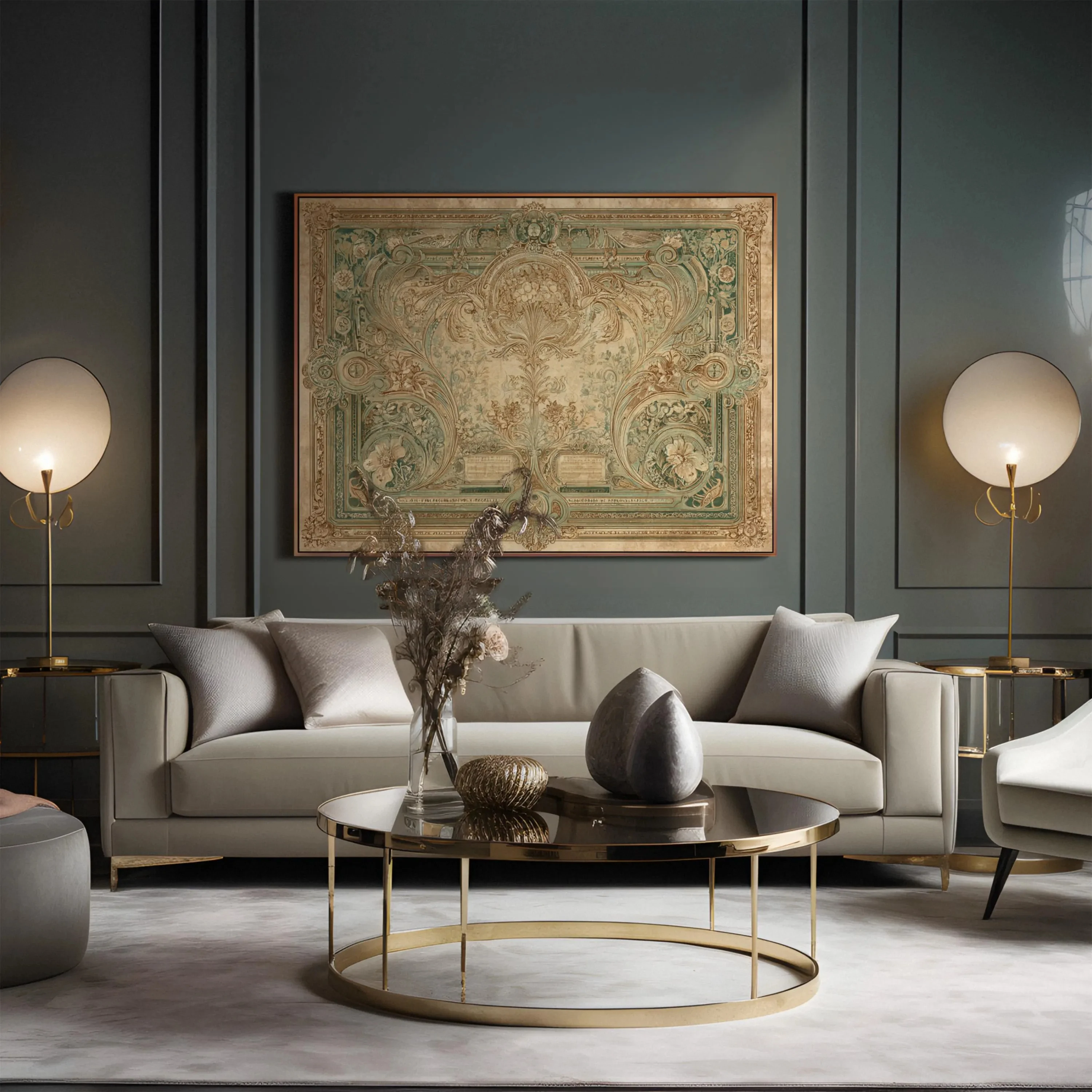 Vintage Baroque Scroll Tapestry – Oversized Horizontal Canvas Art, Muted Sage Green & Gold Luxury Wall Decor