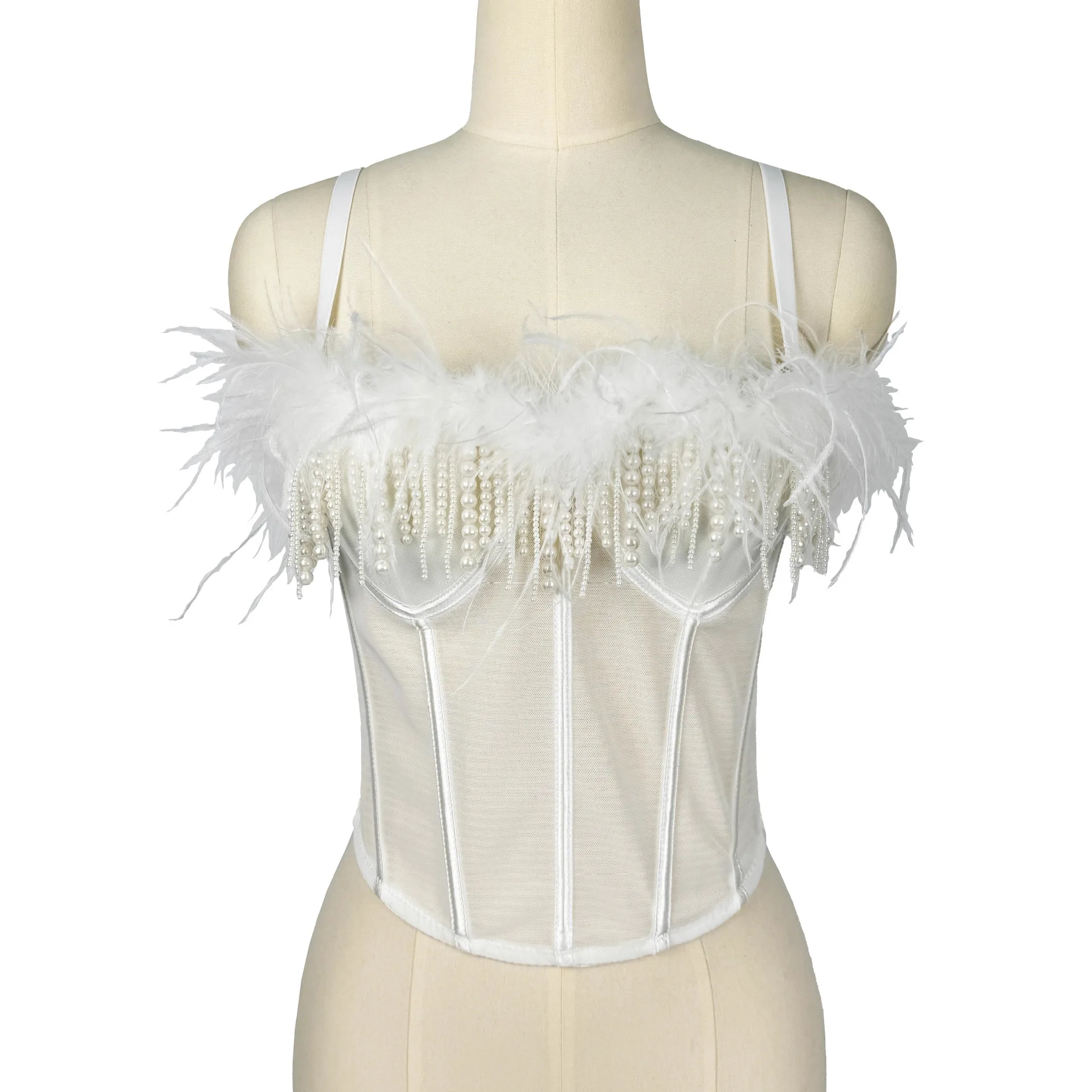 

Pearl & Feather Corset Bustier, Sexy Fringe Backless Top for Stage Performance, Winter Evening Wear Elegant Bustier for Women