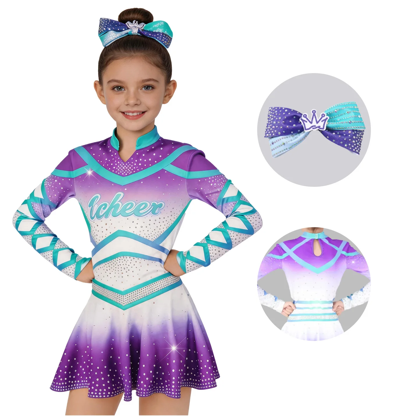 

Luxury Girls Cheerleading Costume Purple Yellow Ombre Long Sleeve Cheer Uniform Sparkly Rhinestones Bow Kids Performance Costume