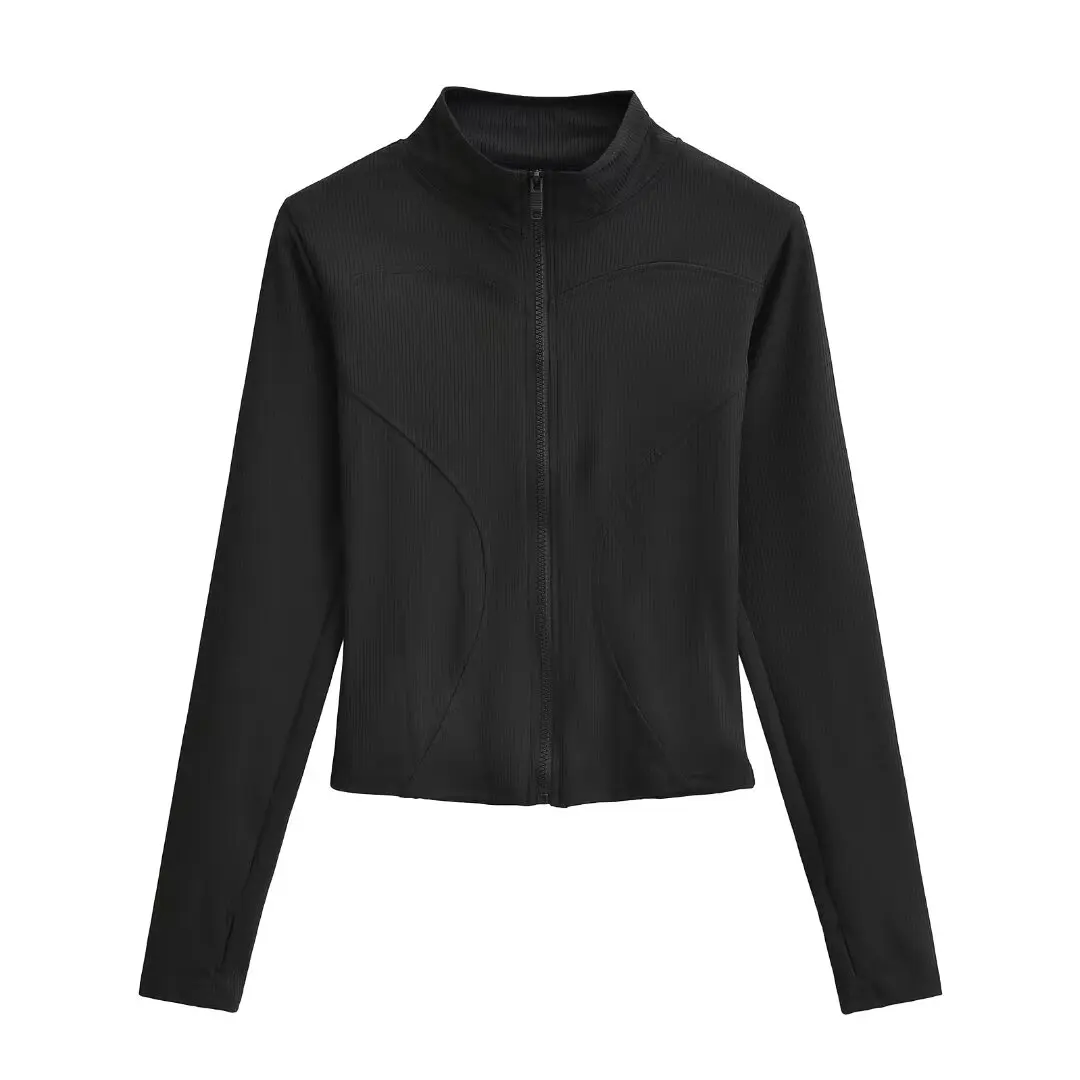 

American Retro High Elastic Long Sve Stand Collar Yoga Sportswear Cardigan Women's Spring Autumn Slimming Zipper Running Top