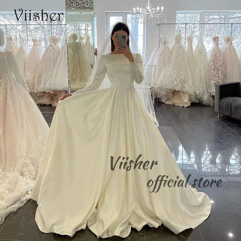 Viisher-Vestidos De Noiva Brancos De Cetim Para Noiva, Manga Comprida, Gola O, Muçulmanos, Vestidos De Noiva De Dubai Com Trem, Elegante