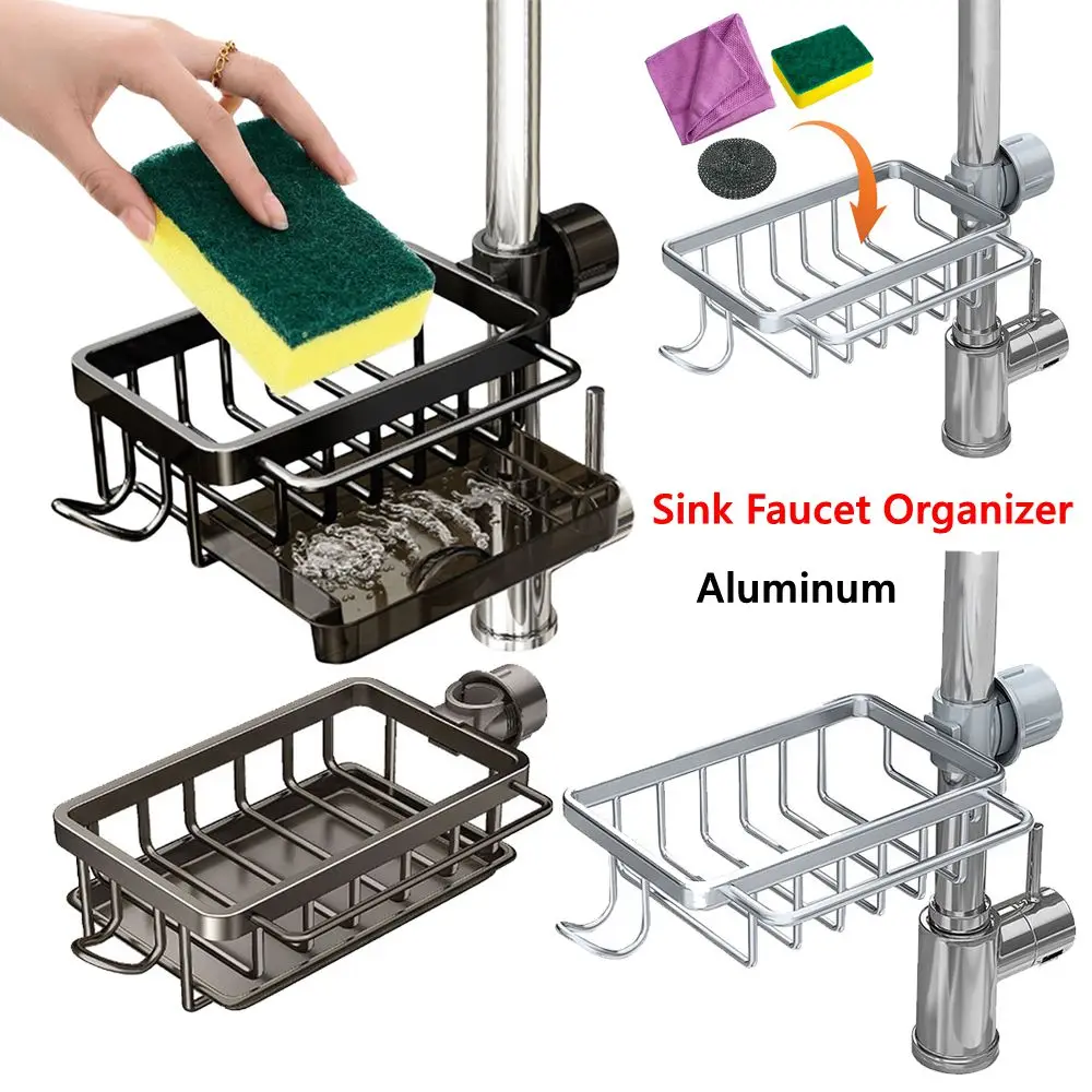 

Kitchen Sink Faucet Organizer Aluminum Over Faucet Sink Caddy Organizer Faucet Drain Rack with Hook for Bathroom Scrubbers Soap