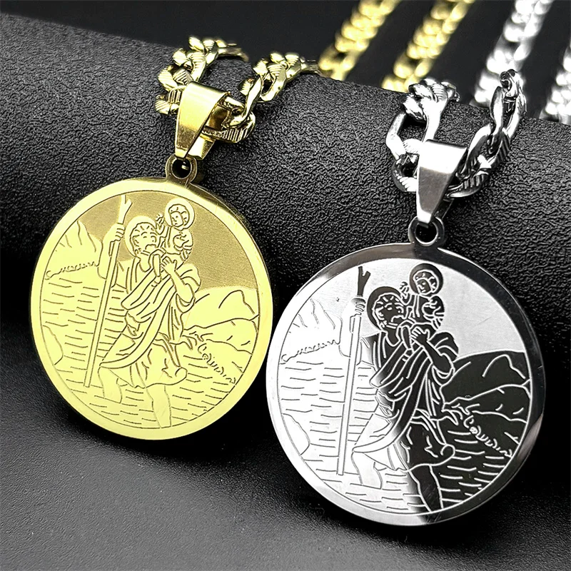 قلادة ميدالية مستديرة للأطفال من سانت كريستوفر للنساء والرجال من الفولاذ المقاوم للصدأ باللون الذهبي سلسلة مجوهرات هيب هوب المسيحية #5