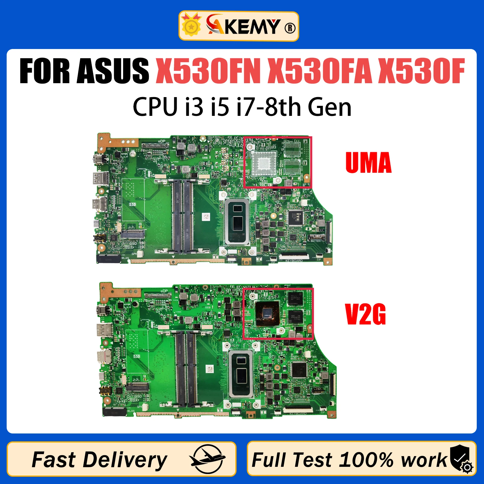 AKEMY X530F Mainboard For ASUS X530FN X530FA S530F S5300F U5300F V530F K530F Laptop Motherboard with i3 i5 i7 8th Gen CPU