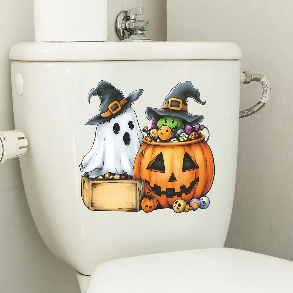 

Halloween Cartoon Ghost Pumpkin Wall Sticker Bathroom Toilet Decoration Mural For Halloween Room Home Decor Self-adhesive Decals