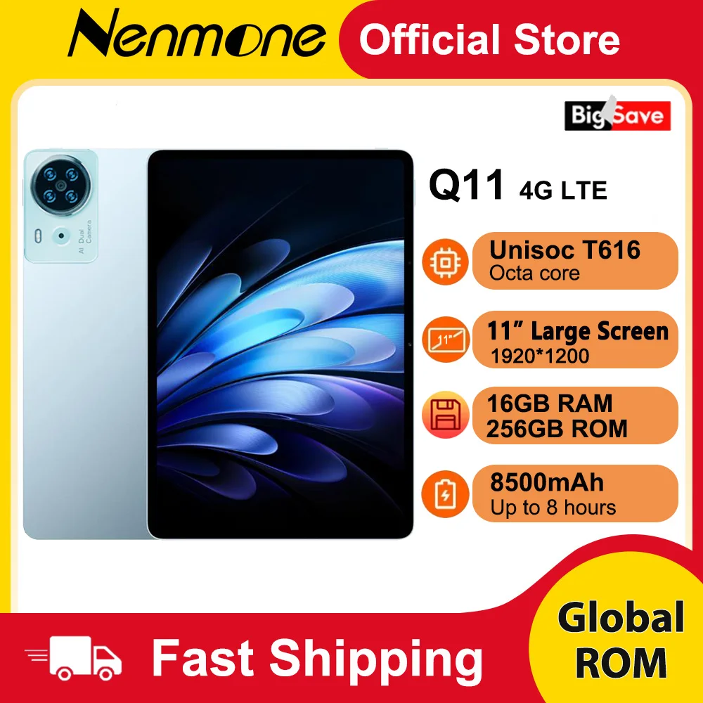 

Nenmone Q11 Tablet 11 inch 1920*1200 FHD Screen 16GB RAM 256GB ROM 4G LTE Android 15 Unisoc T616 Tablets 8500mAH 32MP Camera