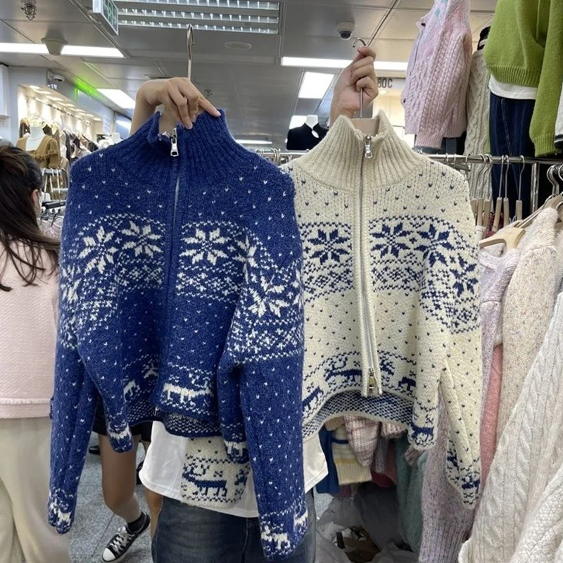 

Nice Korean Autumn Winter Sweet All-match Loose Zipper Sweater Cardigan Women Clothing Preppy Style Printing Half Height Collar