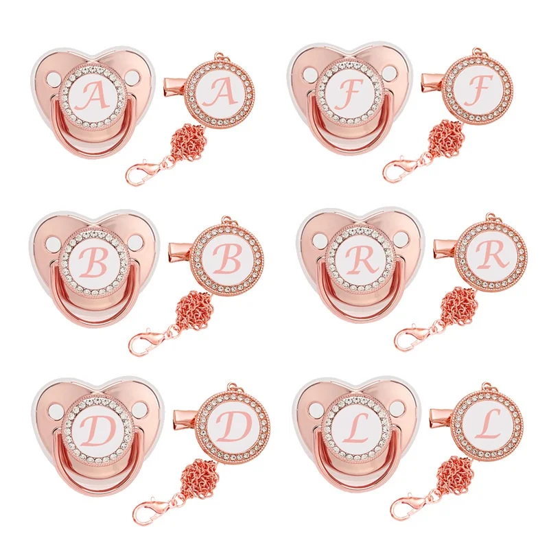 Custom baby silicone pacifier/rose gold 26 letter pacifier/chain clip+dust cover