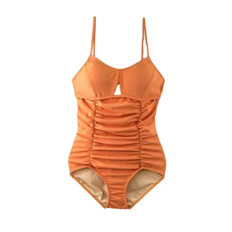 2023 Japan South Korea One Piece Pleated Swimsuit Women's Feeling Open Back Slim Fit Slim Small Chest Gathering Swimsuit image 5