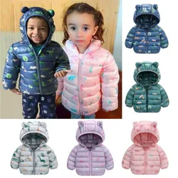 Hooded Lightweight Down Jacket Kids Boy Girl Baby Cartoon Dinosaur Zipper Coats New Autumn Winter Warm Christmas Outerwear 0-5 Y