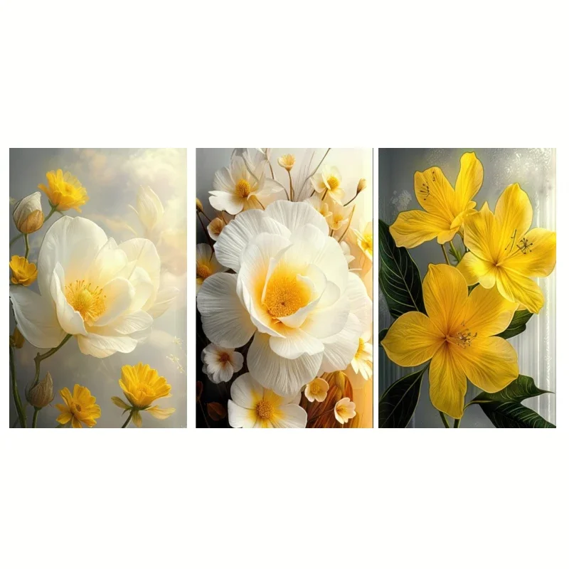 Paneles de pared florales minimalistas modernos, planos en 2D, 3 piezas, sin marco, adecuados para sala de estar, flor blanca, centro amarillo, verde Lea