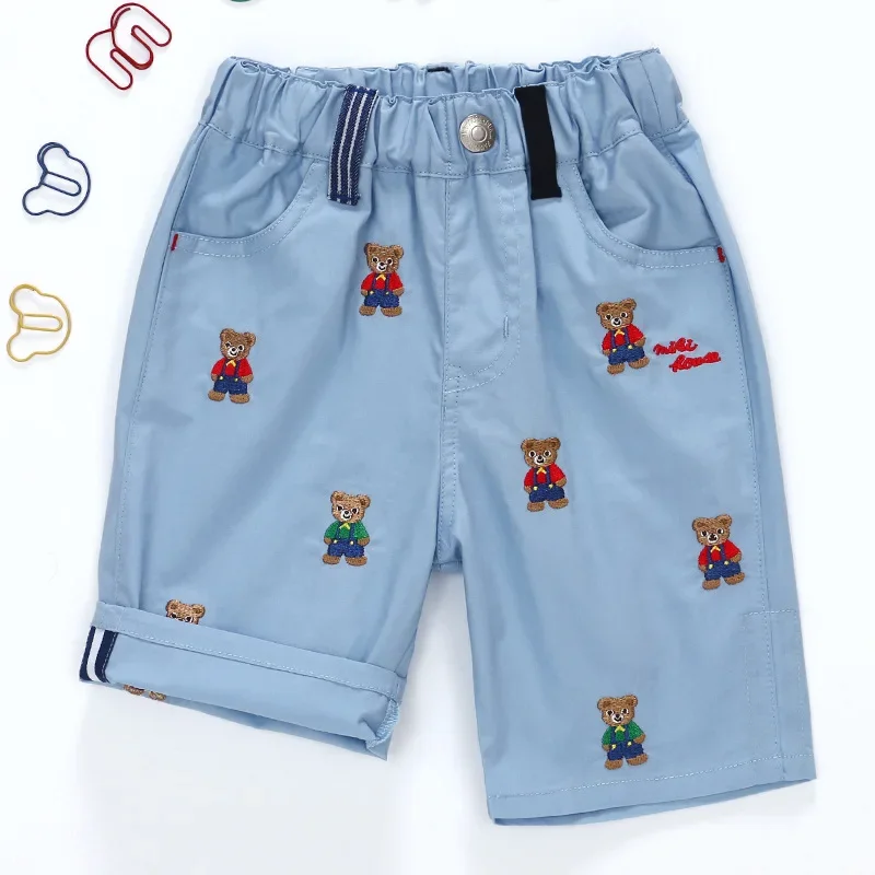 Boy's Pants, Summer Style Cargo Pants, Cartoon Strap, Bear-embroidered Shorts, Five-point Pants