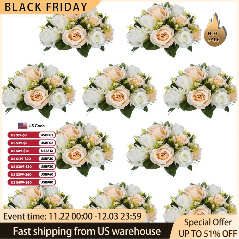 15 Heads Plastic Roses With Base Artificial Flower Decoration Pcs of 10 Fake Flower Ball Arrangement Bouquet Home Decor Wedding