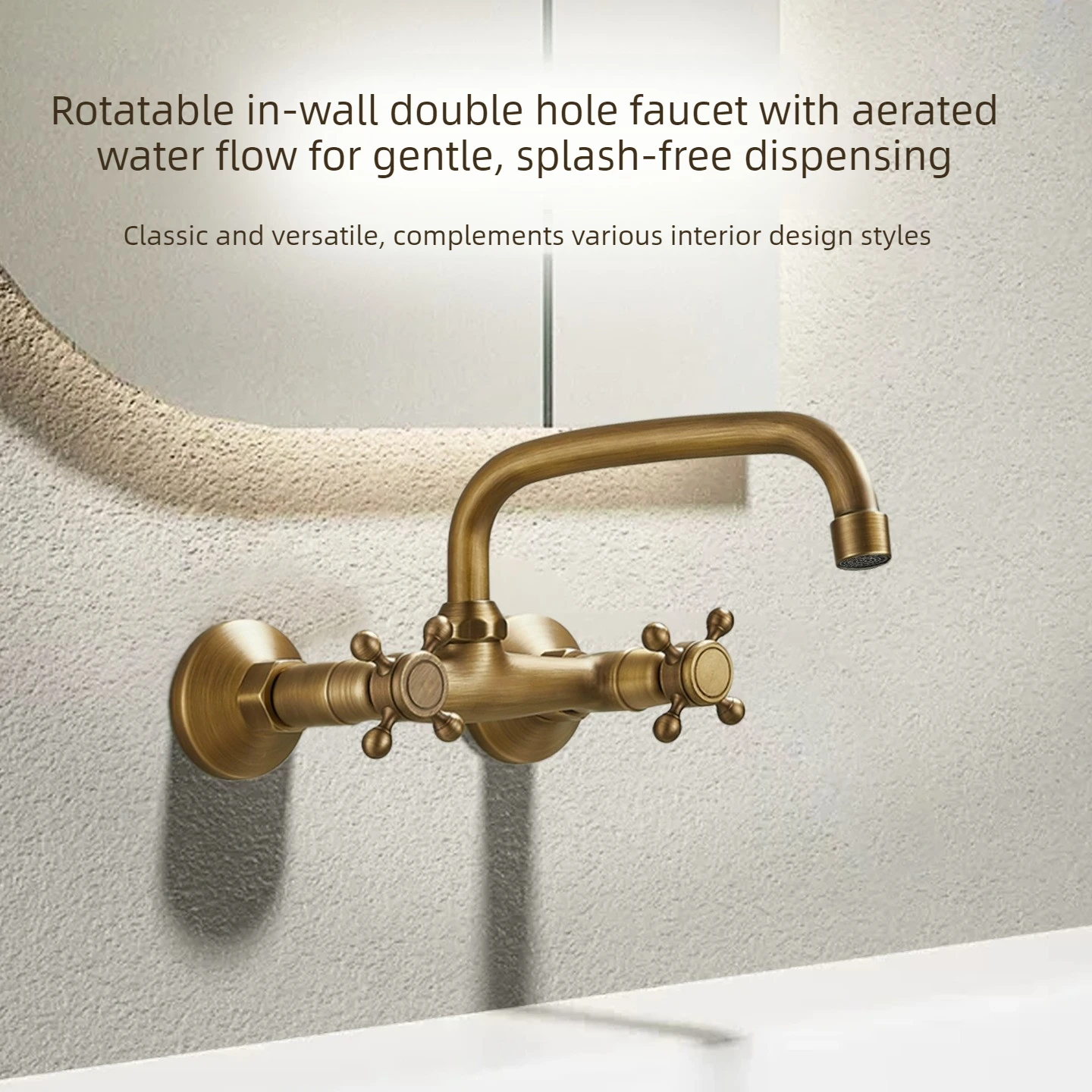 Bronze antique-style wall-mounted cold and hot water faucet with rotatable into-wall double-hole faucet