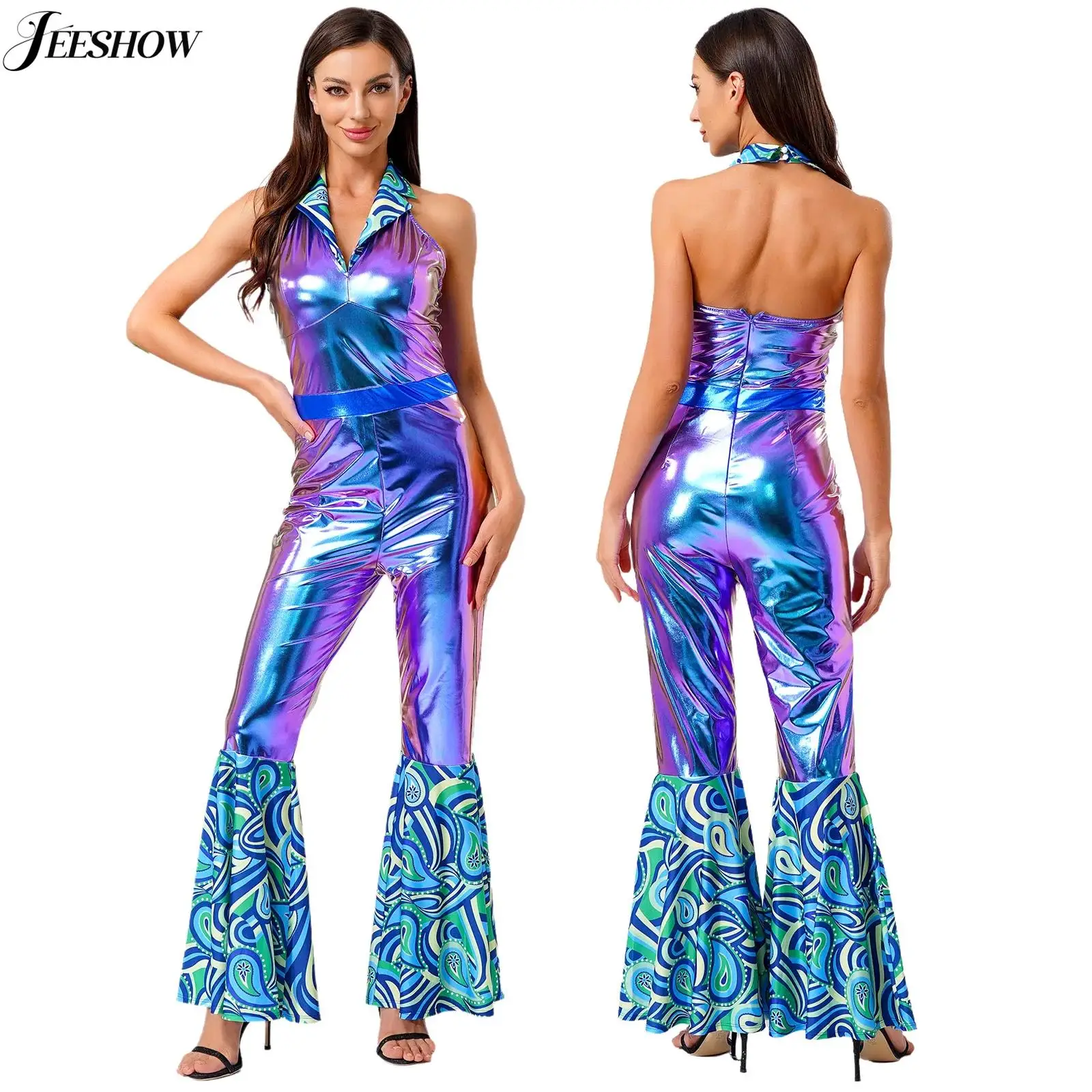 

Womens 70s Disco Dance Outfits Vintage Printed Patchwork Flared Leg Rompers Shiny Metallic Halter Neck Backless Jumpsuit