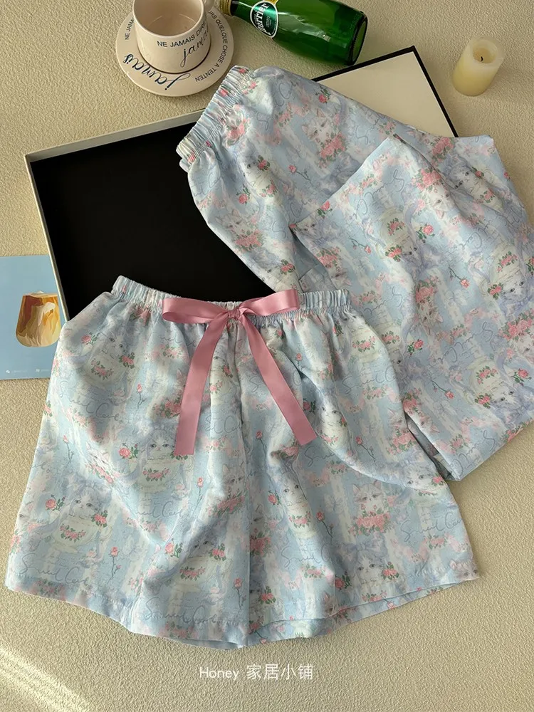 2025 summer new sweet sister short-sleeved pajamas cartoon cute cat woven cotton casual loose loungewear three-piece set