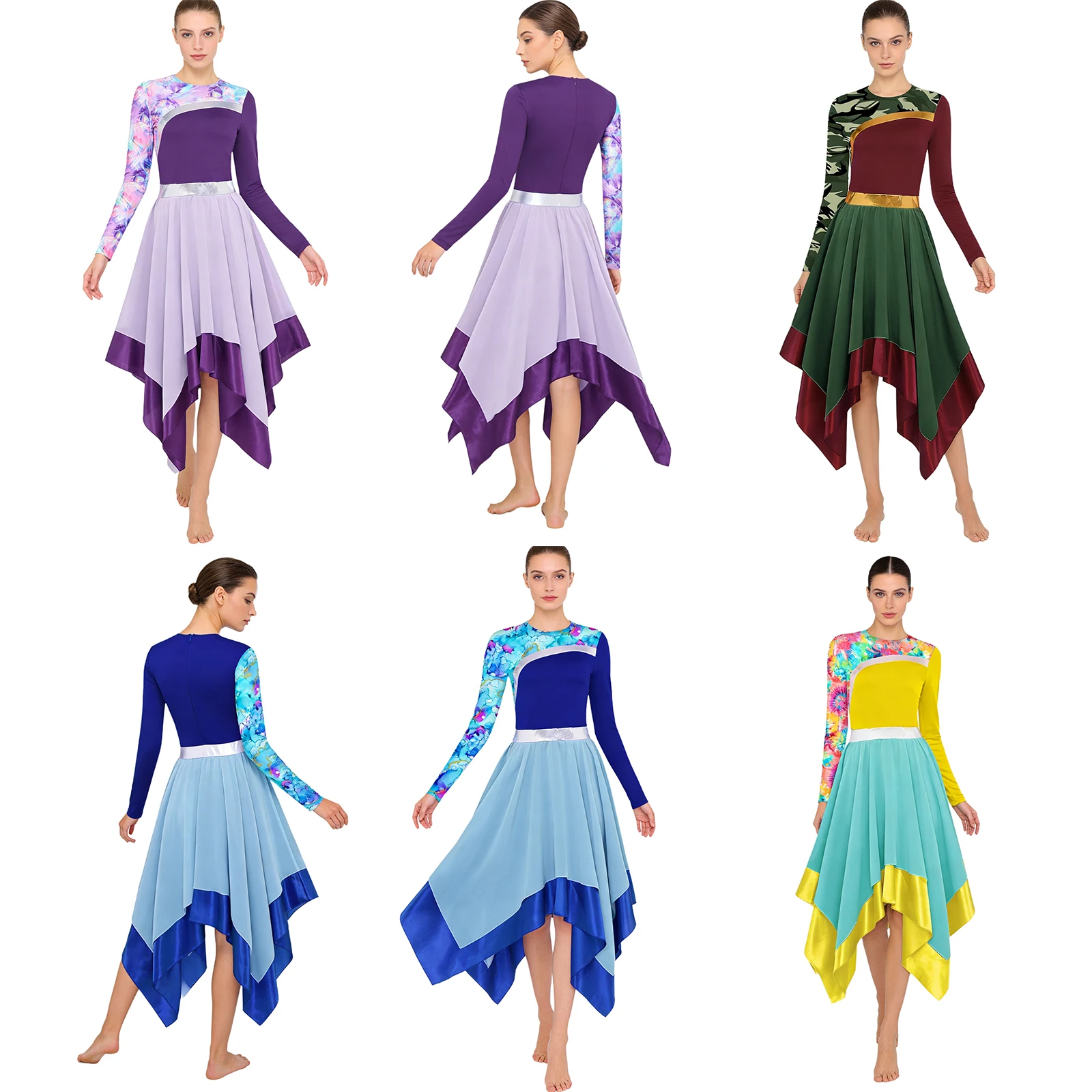 

Women Metallic Shiny Print Zipper Liturgical Lyrical Dance Tunic Dress Worship Praise Church Choir Performance Costume Dancewear