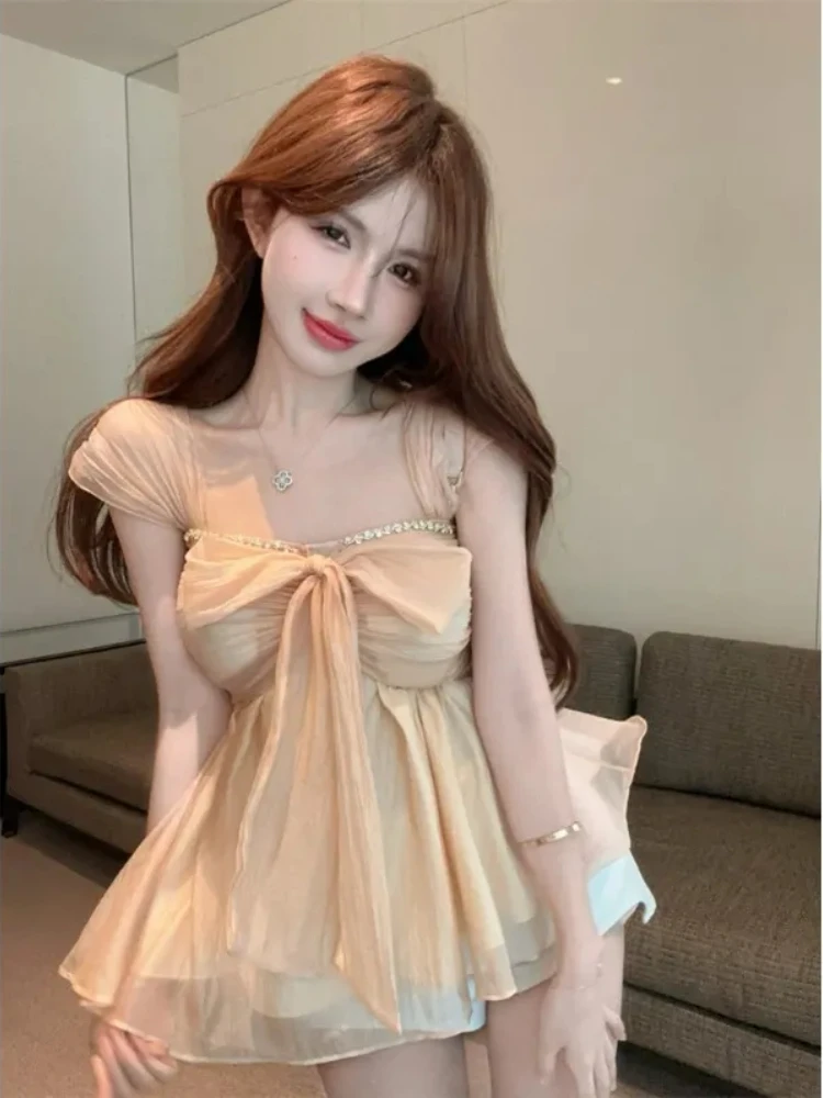 

Французские милые сетчатые топы с бантом и бриллиантами, женские топы с бантом, новинка 2025, тонкая шикарная короткая блузка без рукавов, модная праздничная рубашка феи, Blusas