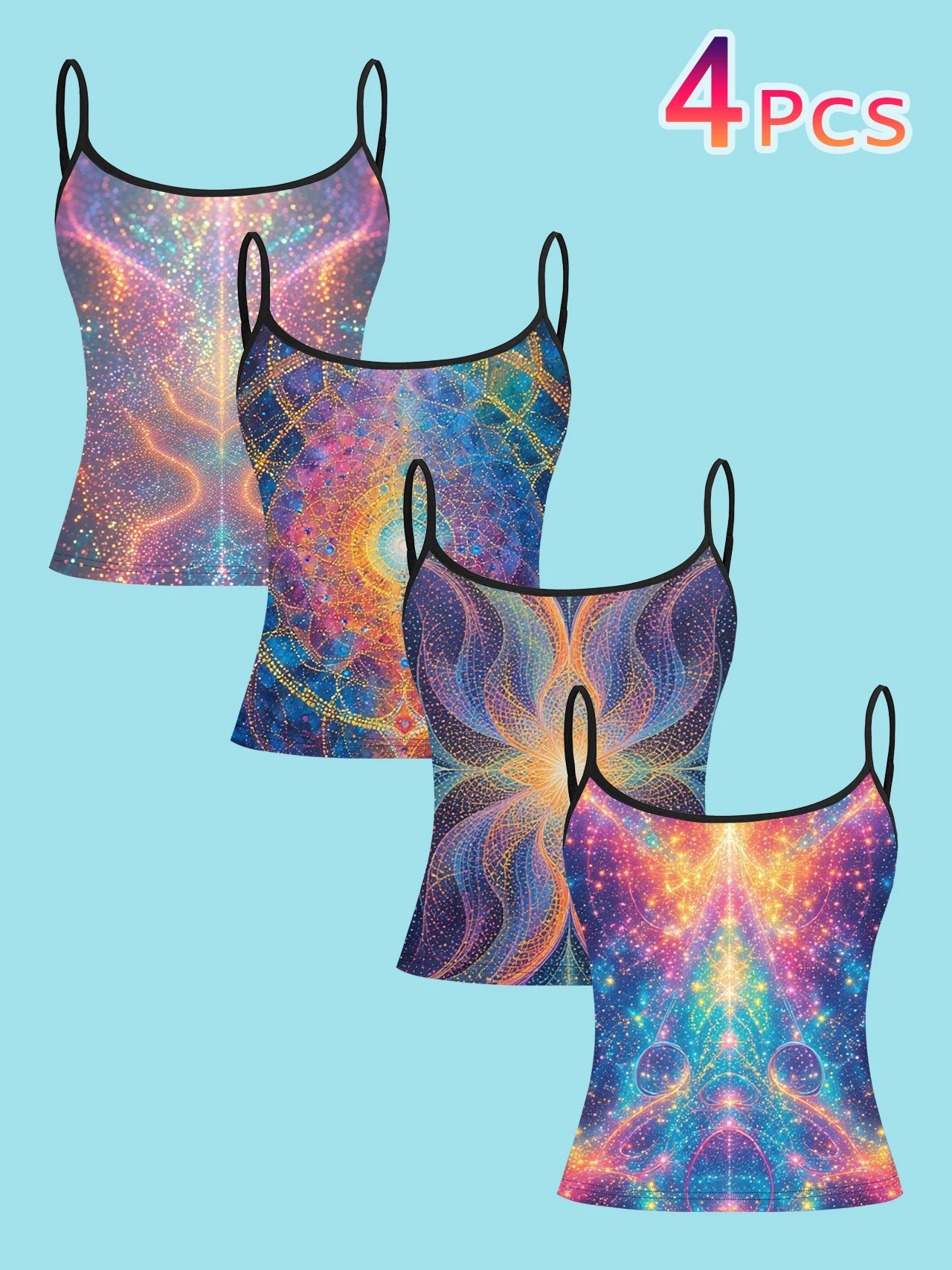 4-Piece Set of Women's Spaghetti Strap Camisoles with Dreamy Cosmic Mandala Starry Sky All-Over Print, Slim-Fit Sleeveless Tops, Psychedelic Art Style Outerwear and Inner Layering Shirts
